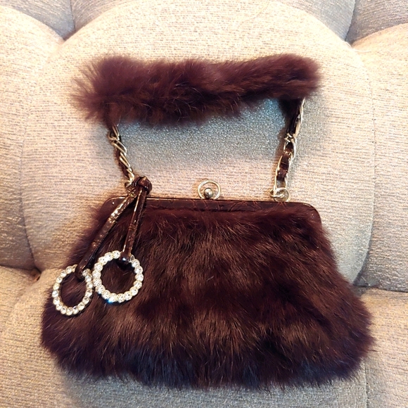 bebe Handbags - Bebe brown rabbit fur mini bag with rhinestone decoration EUC…
